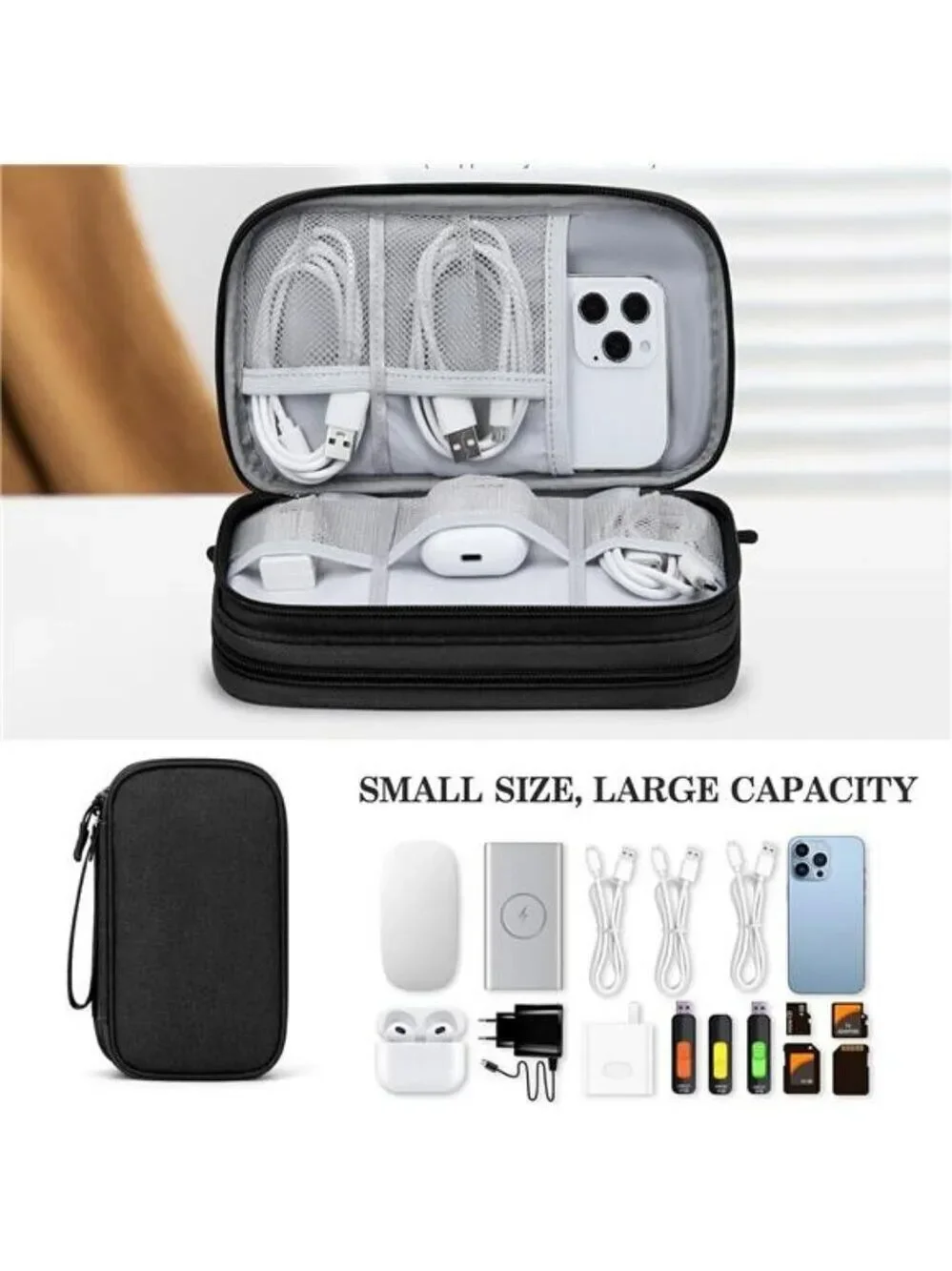 FYY Travel Cable Organizer Waterproof Electronics Storage Case Black Pouch